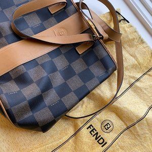 Vintage FENDI Brown Black Checkered Damier PVC Vinyl Tote Crossbody Bag Dust Bag